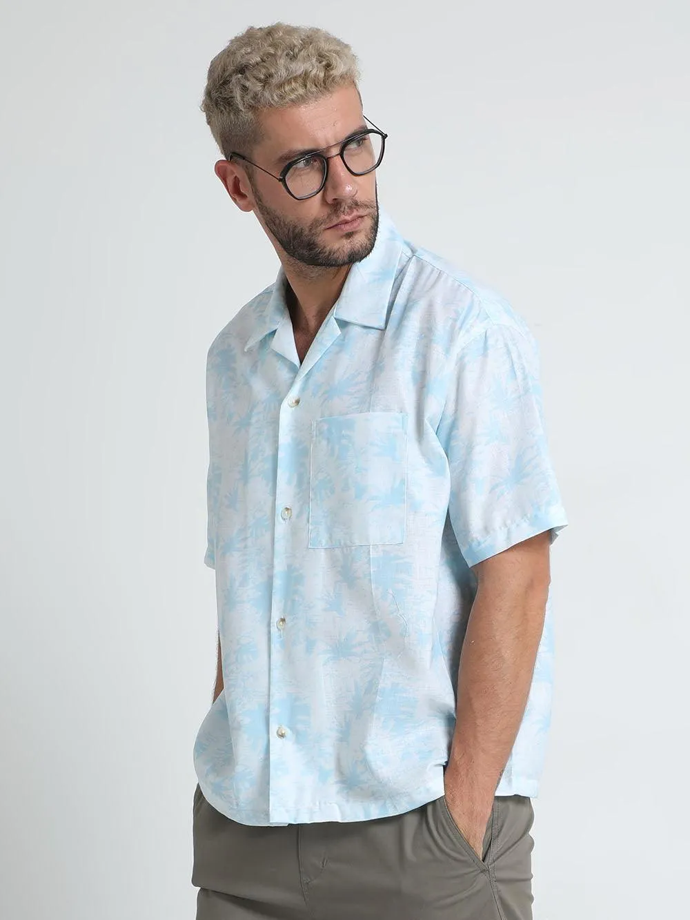 Men Loose Fit Tropical Blue Cuban Collar Shirt
