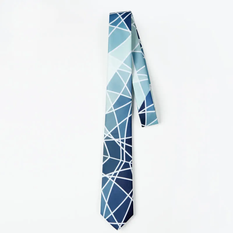 Men's Blue Geometric Printed White Line Necktie