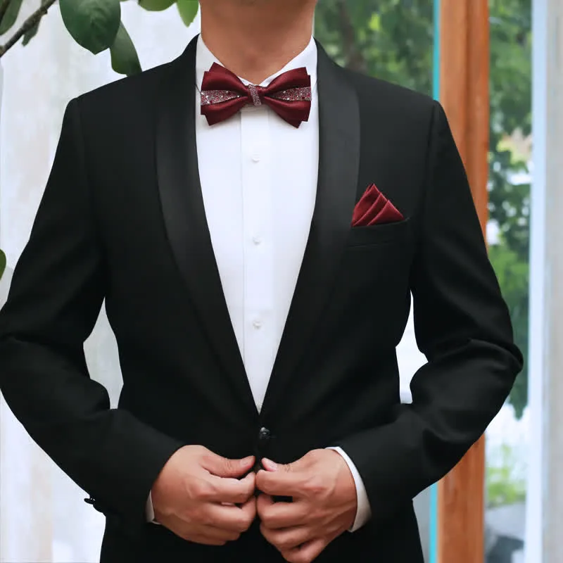 Men's Color of Red Rhinestone Bow Tie Pocket Square