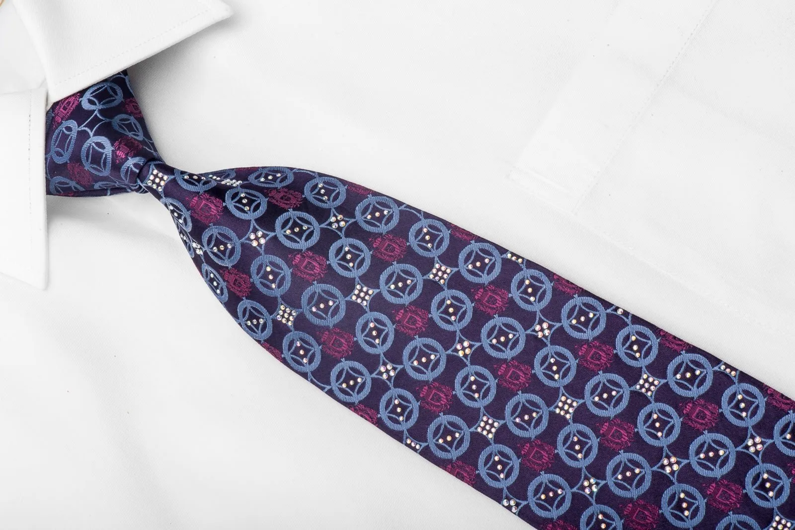 Mens Crystal Rhinestone Necktie Blue Circles On Dark Purple