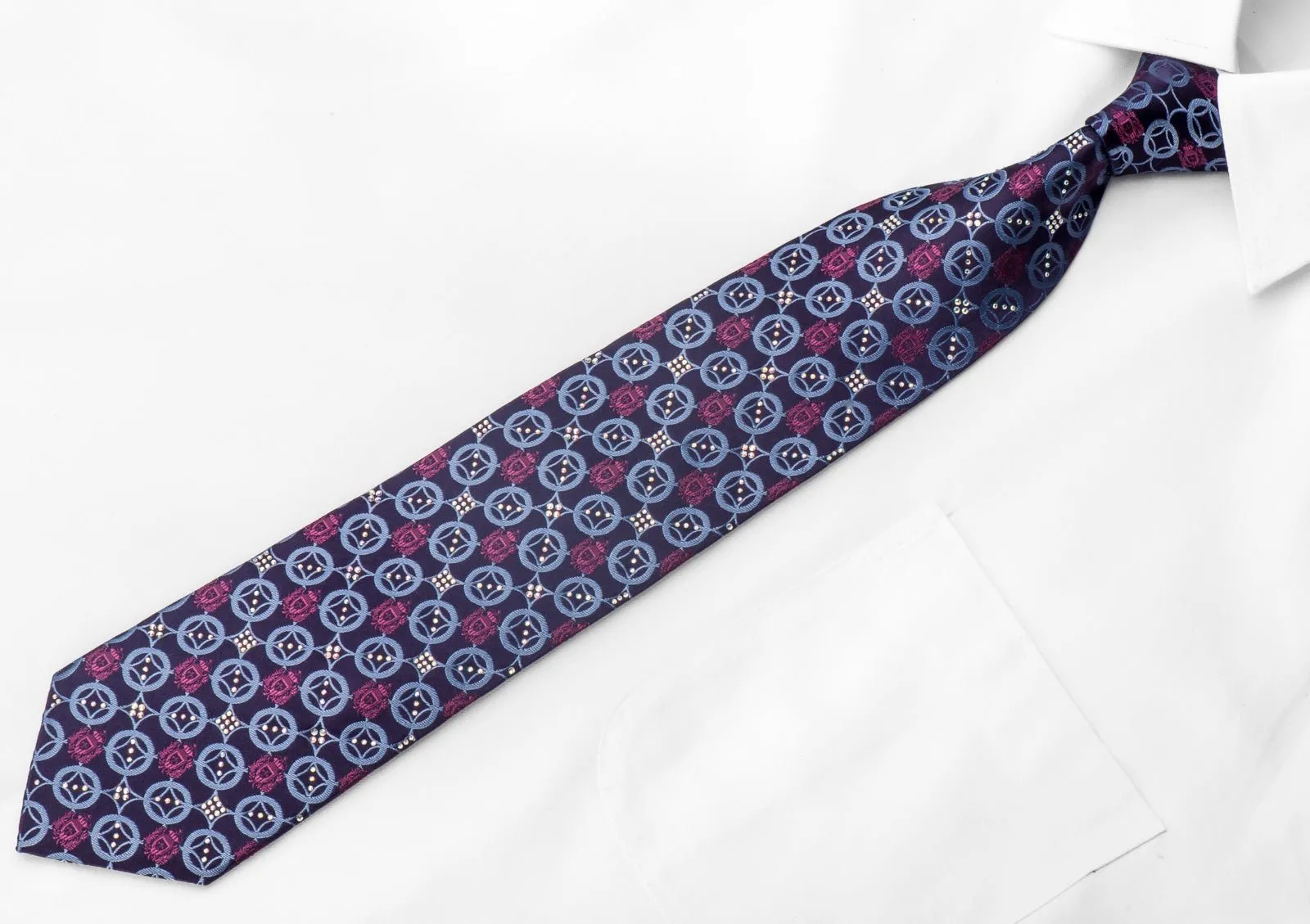 Mens Crystal Rhinestone Necktie Blue Circles On Dark Purple