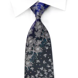 Men's Crystal Rhinestone Silk Necktie Silver Floral On Purple Black With Sparkles