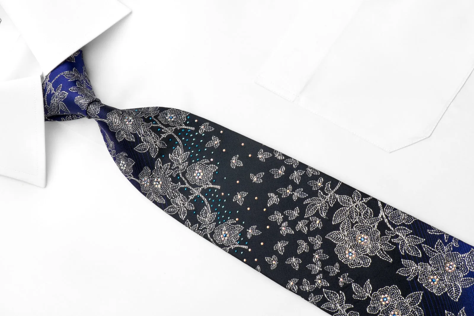 Men's Crystal Rhinestone Silk Necktie Silver Floral On Purple Black With Sparkles