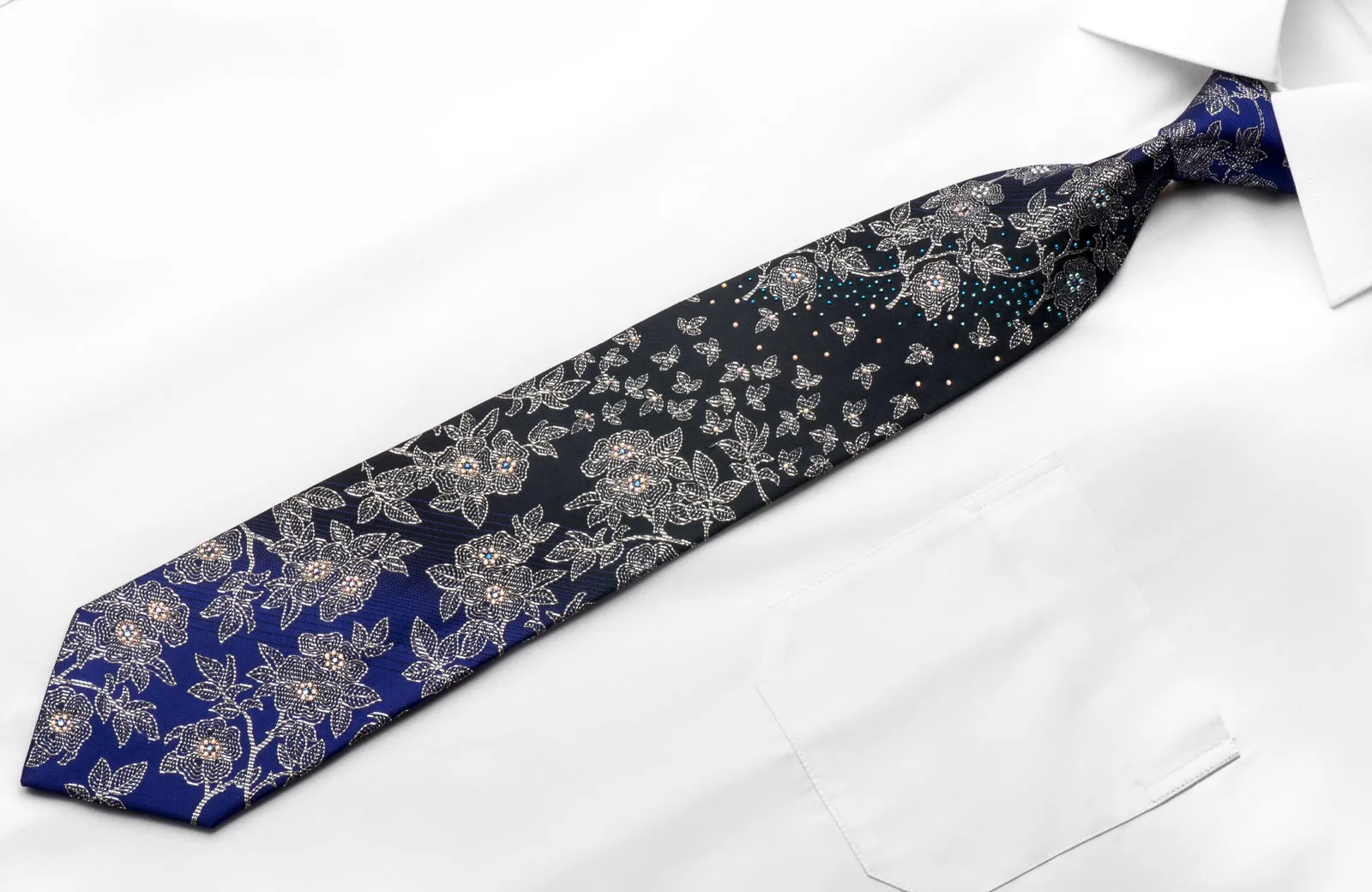 Men's Crystal Rhinestone Silk Necktie Silver Floral On Purple Black With Sparkles