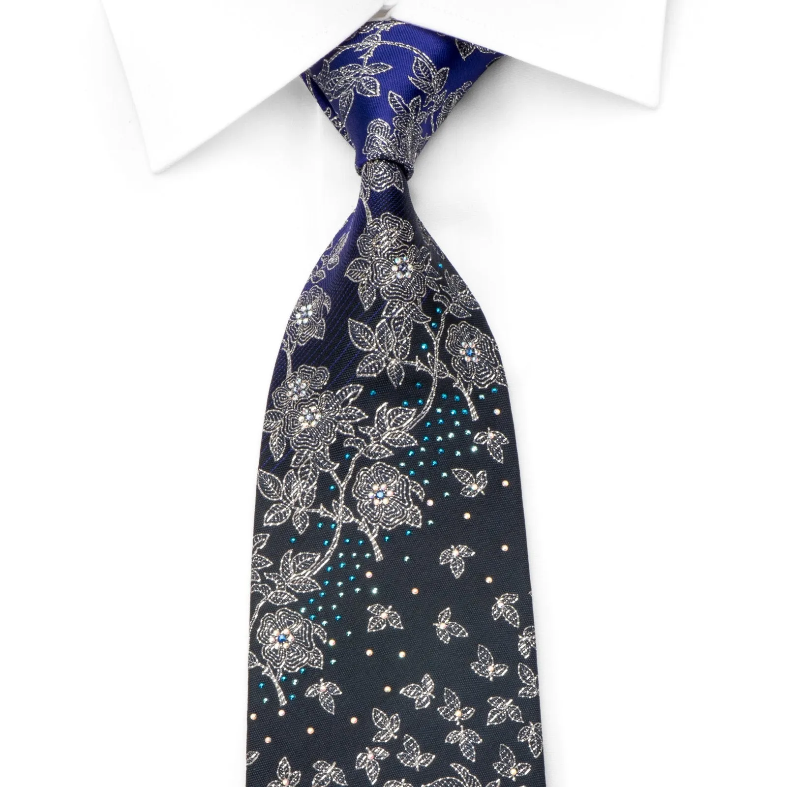 Men's Crystal Rhinestone Silk Necktie Silver Floral On Purple Black With Sparkles