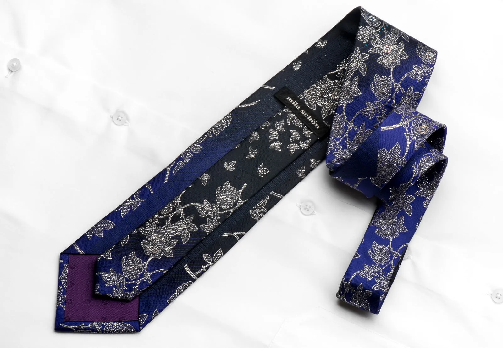 Men's Crystal Rhinestone Silk Necktie Silver Floral On Purple Black With Sparkles
