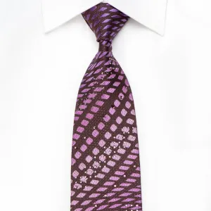 Men's Crystal Silk Necktie Purple Geometric On Brown With Purple Sparkles