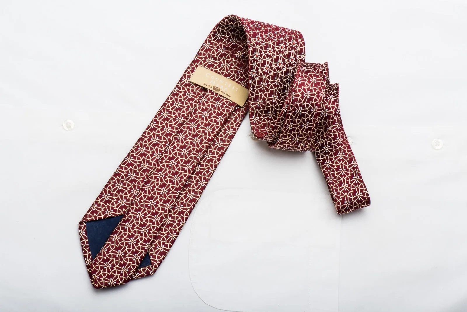 Men's Rhinestone Silk Neck Tie By Countess Mara Golden Trellis & Sparkles On Red