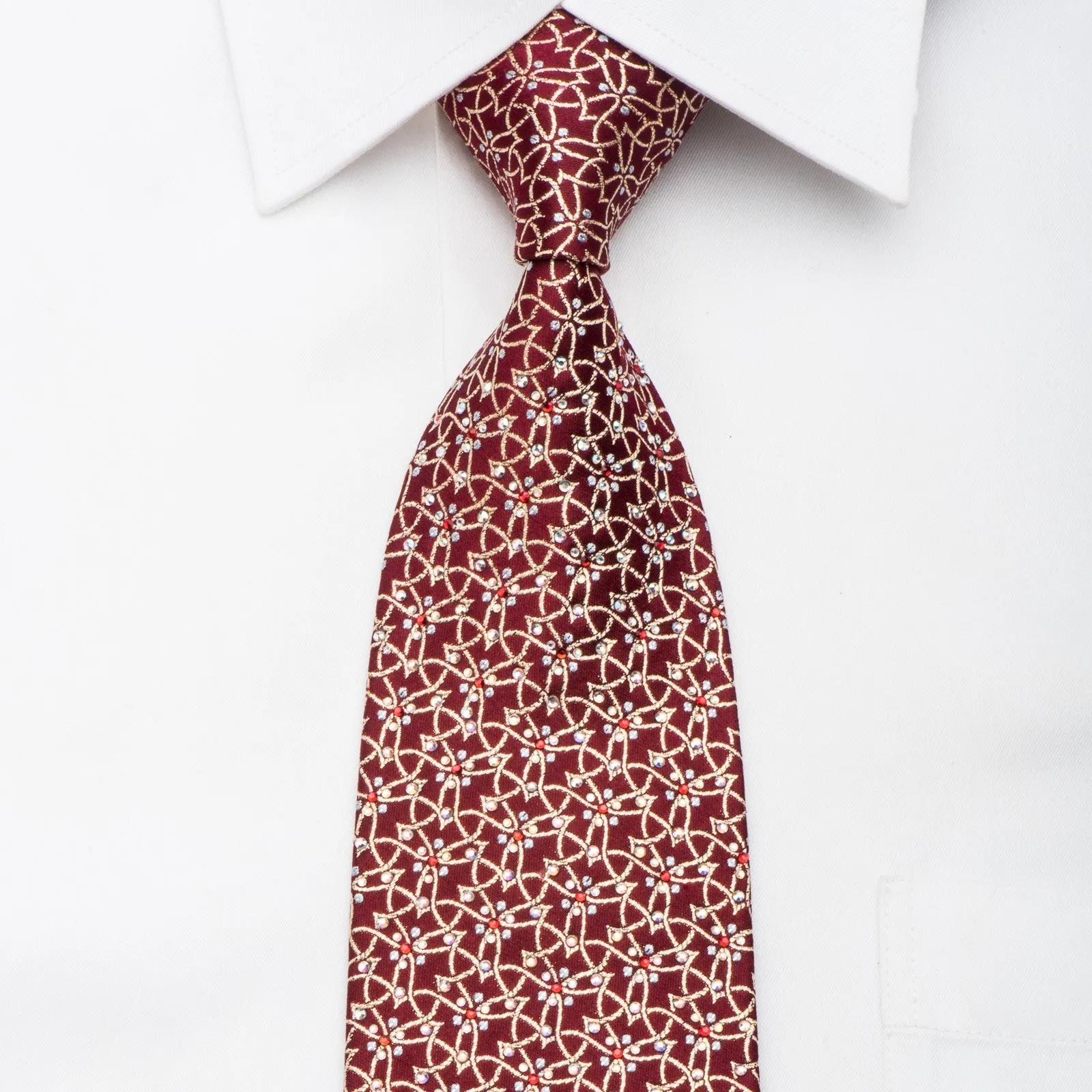 Men's Rhinestone Silk Neck Tie By Countess Mara Golden Trellis & Sparkles On Red