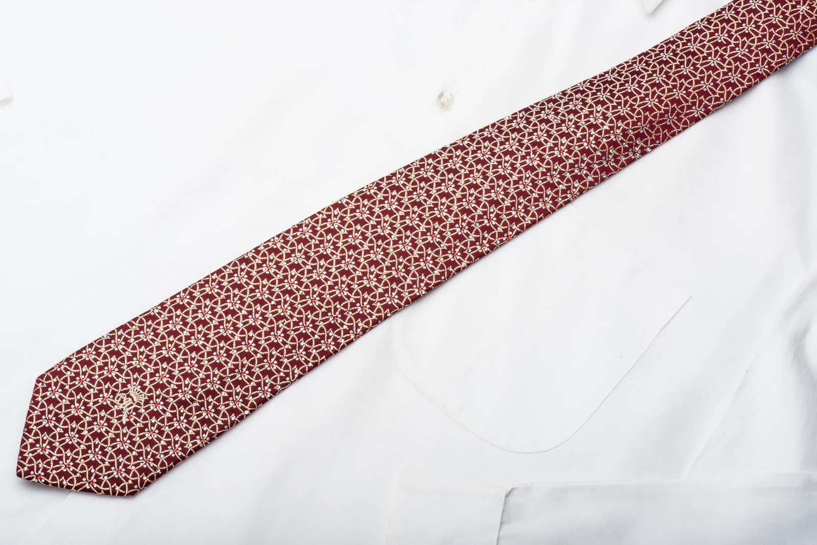 Men's Rhinestone Silk Neck Tie By Countess Mara Golden Trellis & Sparkles On Red