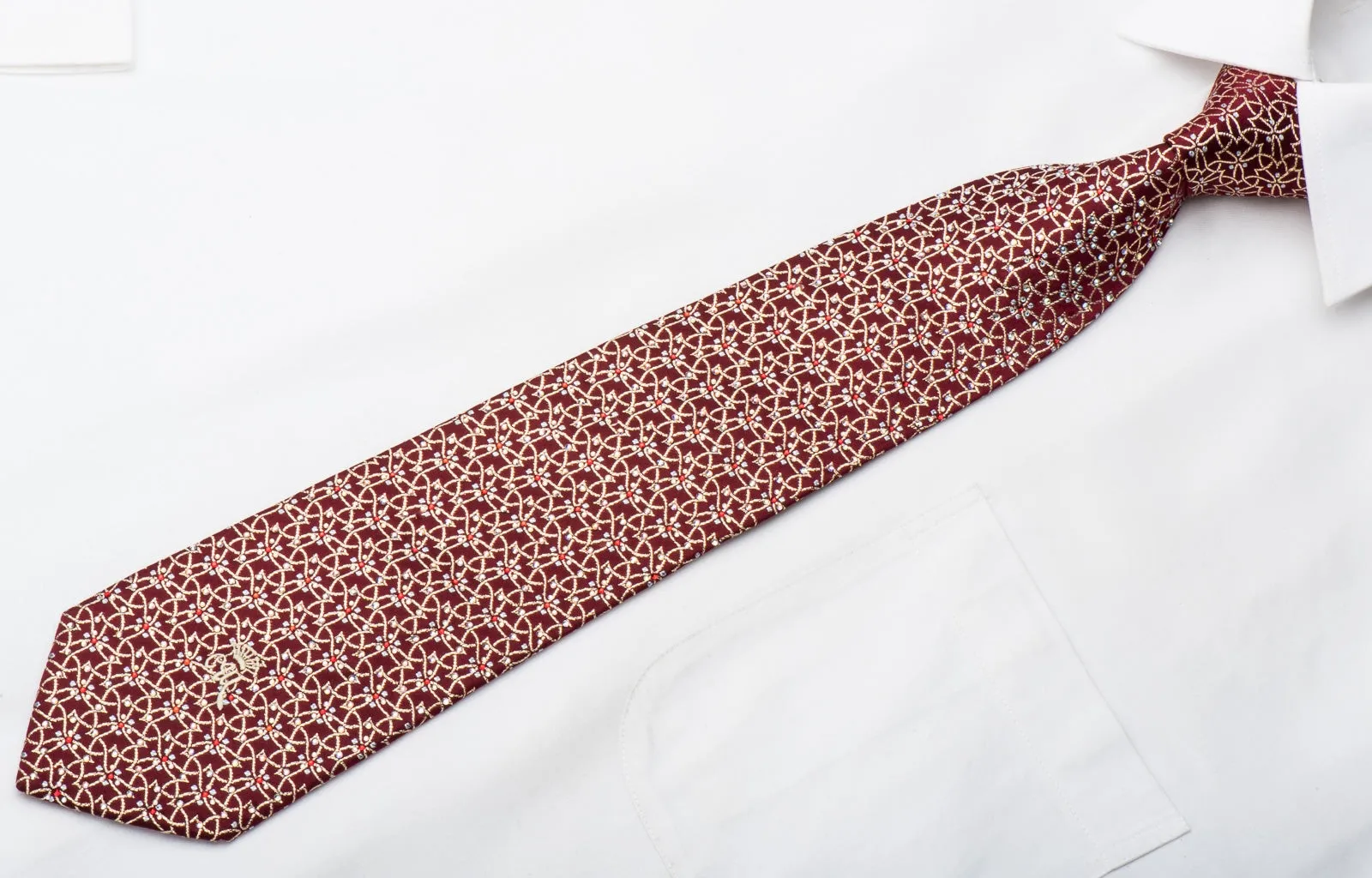 Men's Rhinestone Silk Neck Tie By Countess Mara Golden Trellis & Sparkles On Red