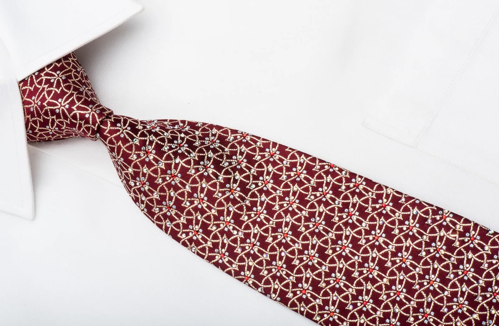 Men's Rhinestone Silk Neck Tie By Countess Mara Golden Trellis & Sparkles On Red