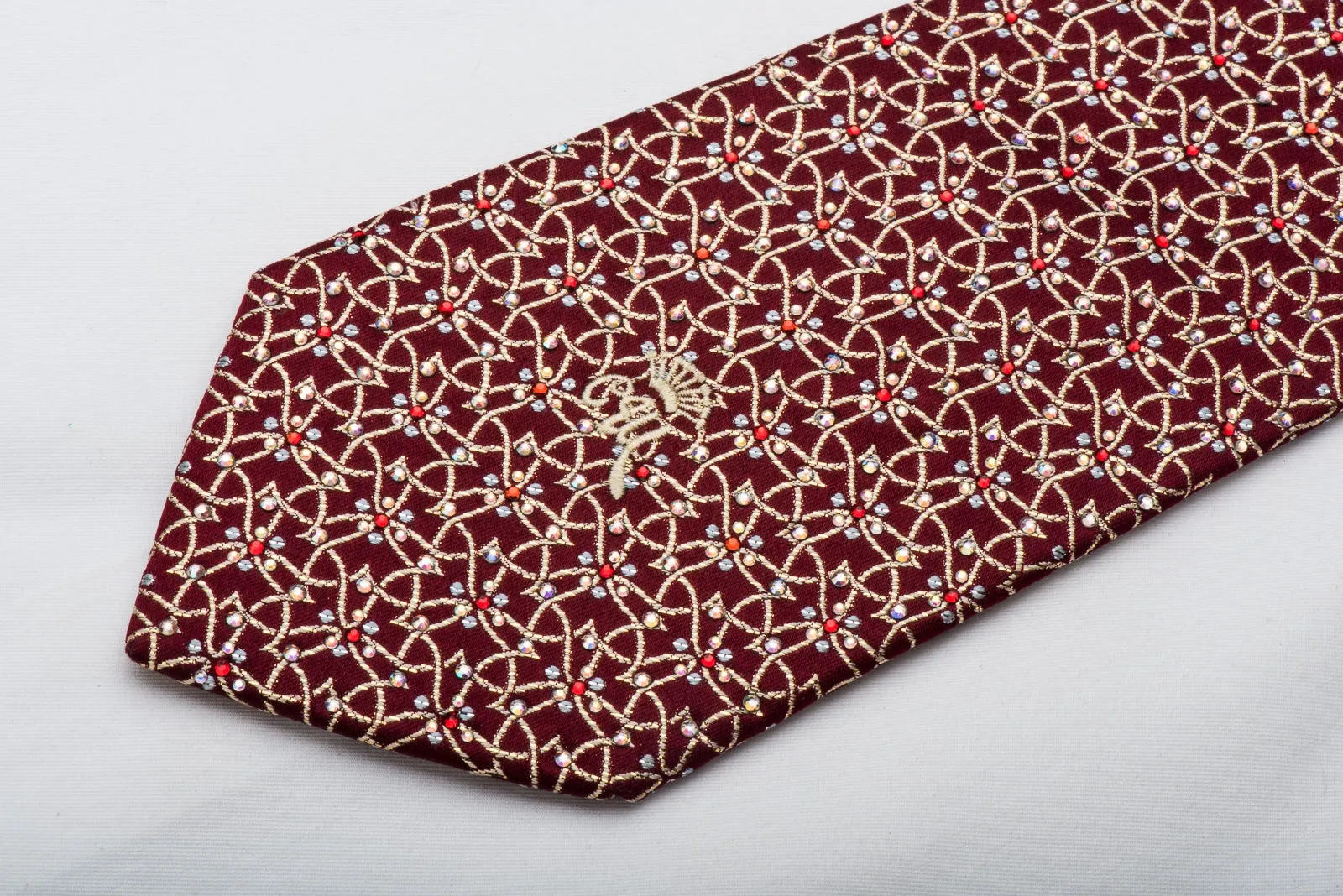 Men's Rhinestone Silk Neck Tie By Countess Mara Golden Trellis & Sparkles On Red