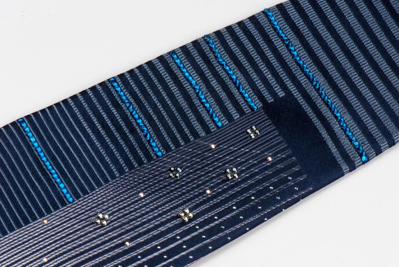 Men's Silk NeckTie By Mila Schon Modern Silver Stripes On Black With Rhinestones