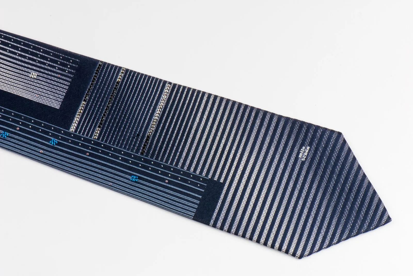 Men's Silk NeckTie By Mila Schon Modern Silver Stripes On Black With Rhinestones