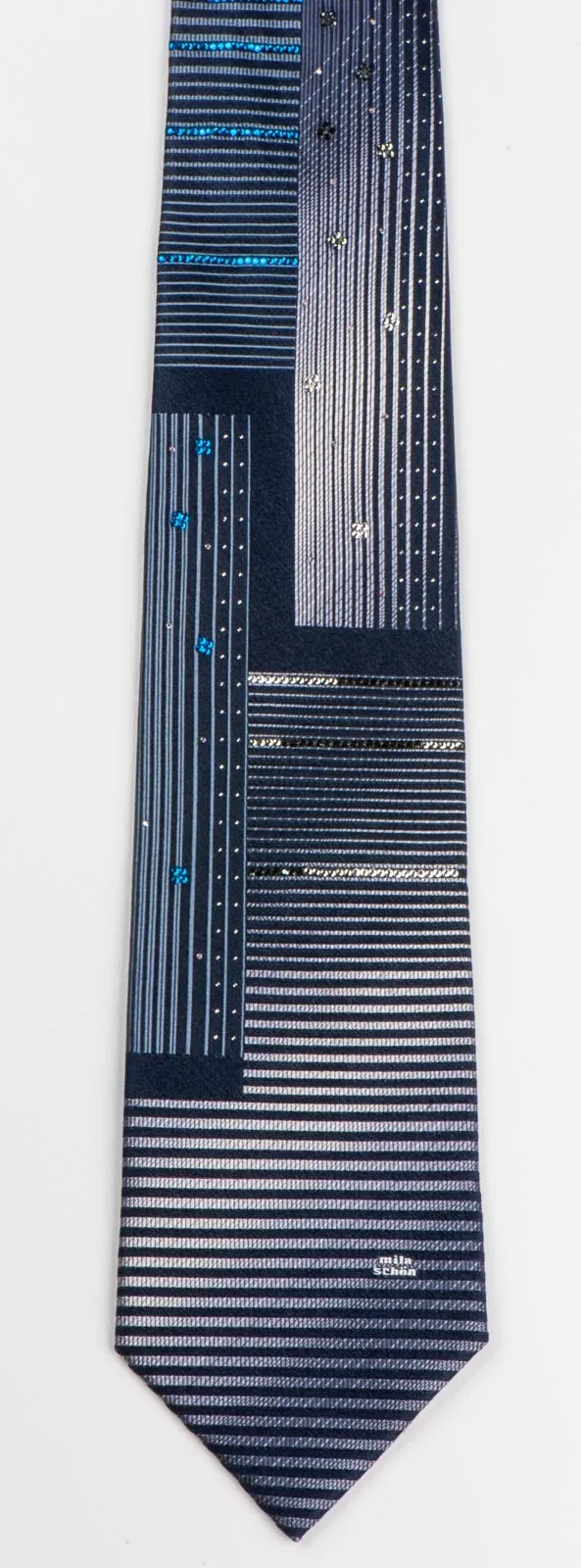 Men's Silk NeckTie By Mila Schon Modern Silver Stripes On Black With Rhinestones
