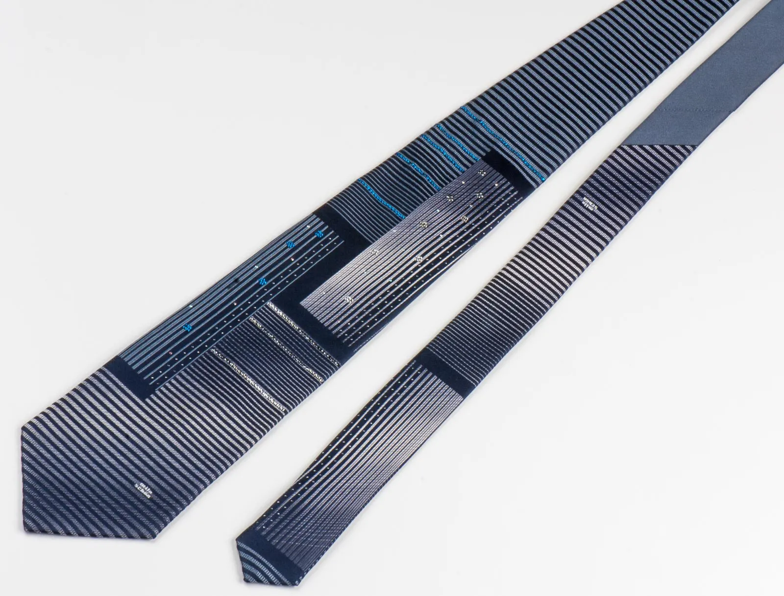 Men's Silk NeckTie By Mila Schon Modern Silver Stripes On Black With Rhinestones