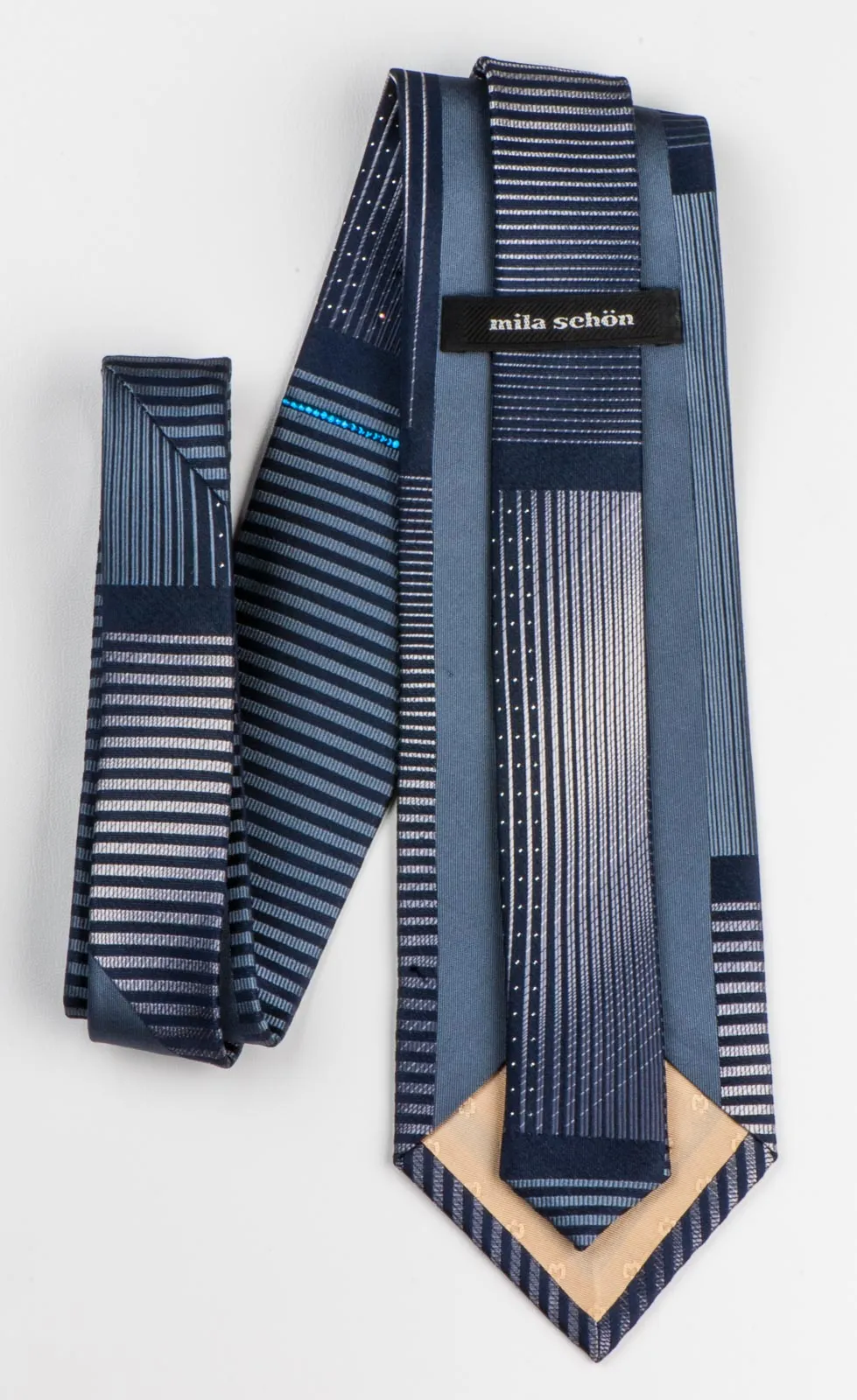 Men's Silk NeckTie By Mila Schon Modern Silver Stripes On Black With Rhinestones