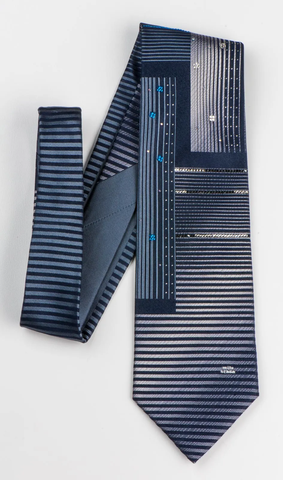 Men's Silk NeckTie By Mila Schon Modern Silver Stripes On Black With Rhinestones