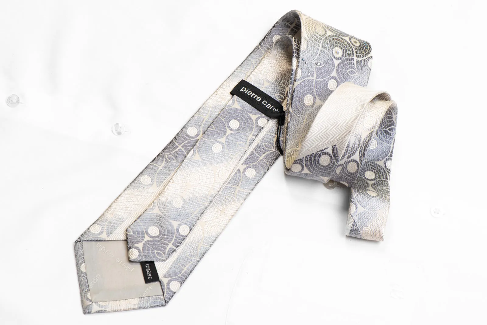 Men's Silk Necktie Silver Geometric On White With Silver Sparkles