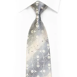 Men's Silk Necktie Silver Geometric On White With Silver Sparkles