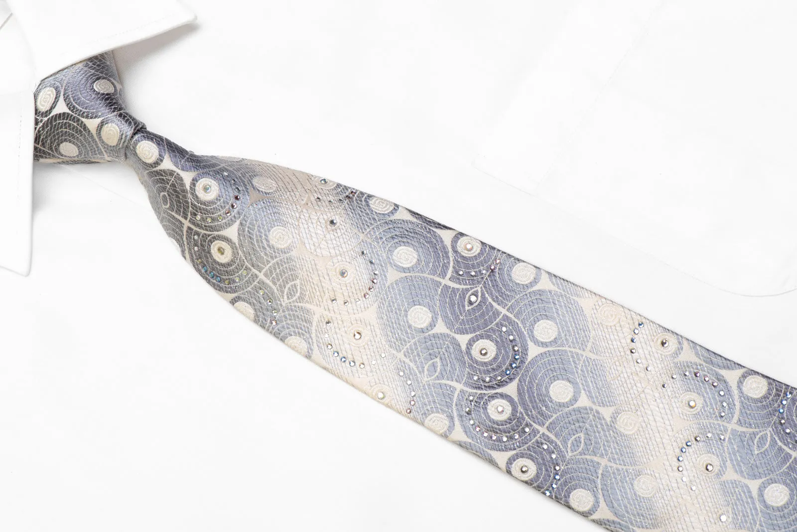Men's Silk Necktie Silver Geometric On White With Silver Sparkles