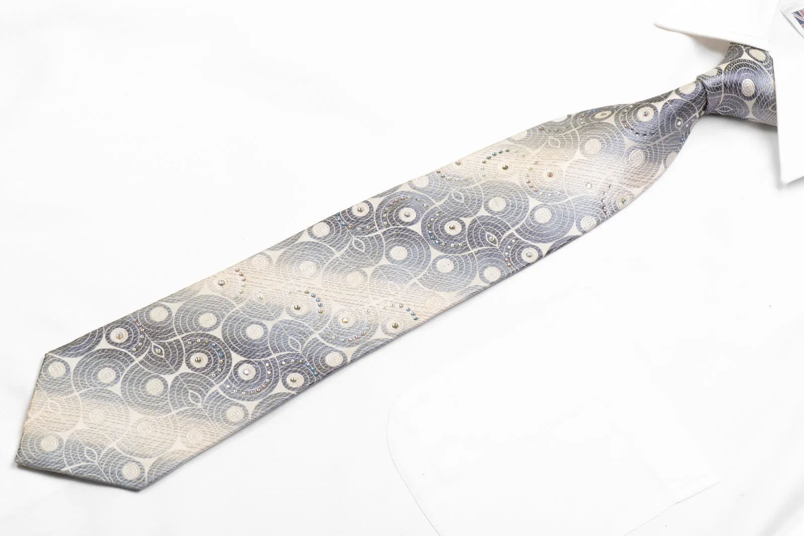 Men's Silk Necktie Silver Geometric On White With Silver Sparkles