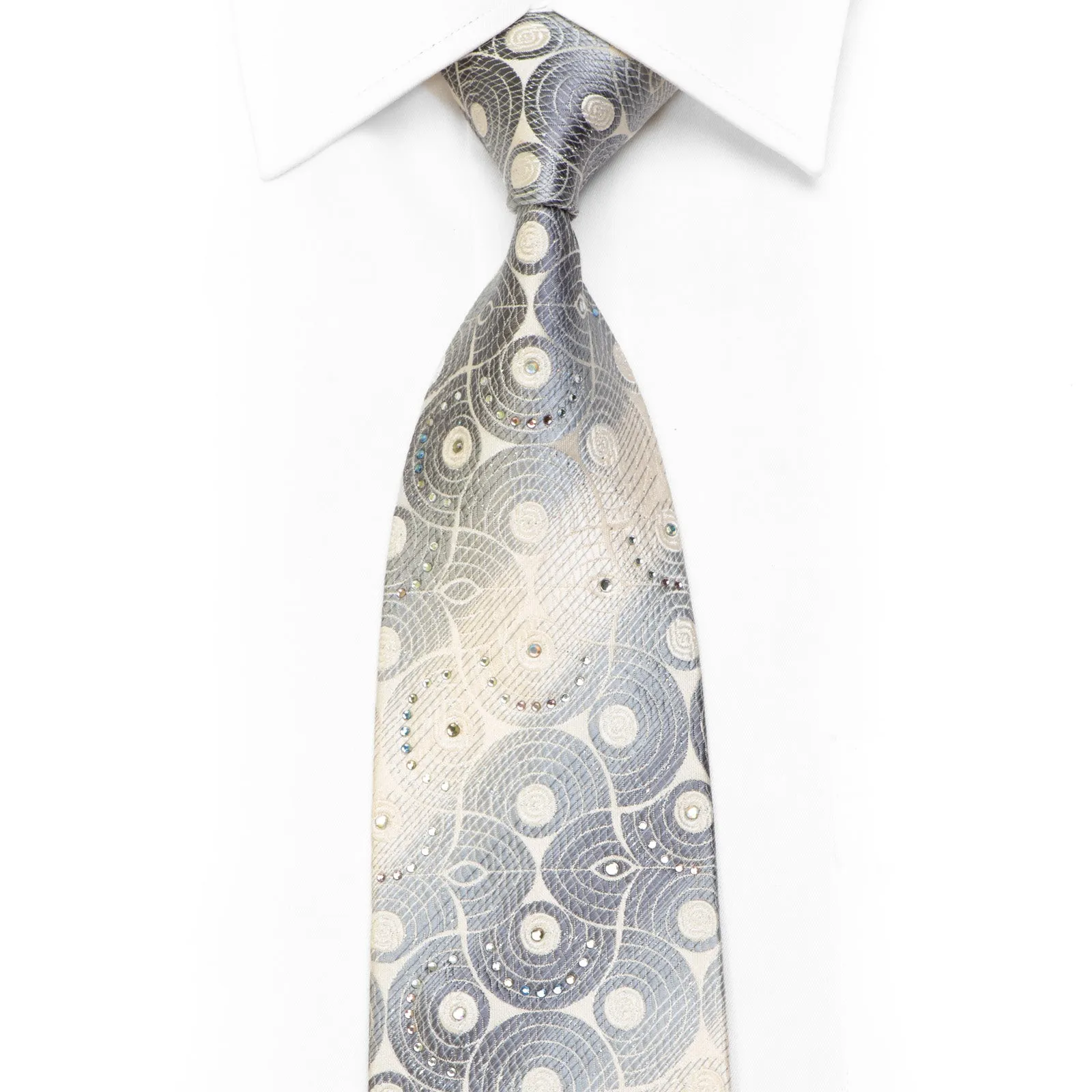 Men's Silk Necktie Silver Geometric On White With Silver Sparkles