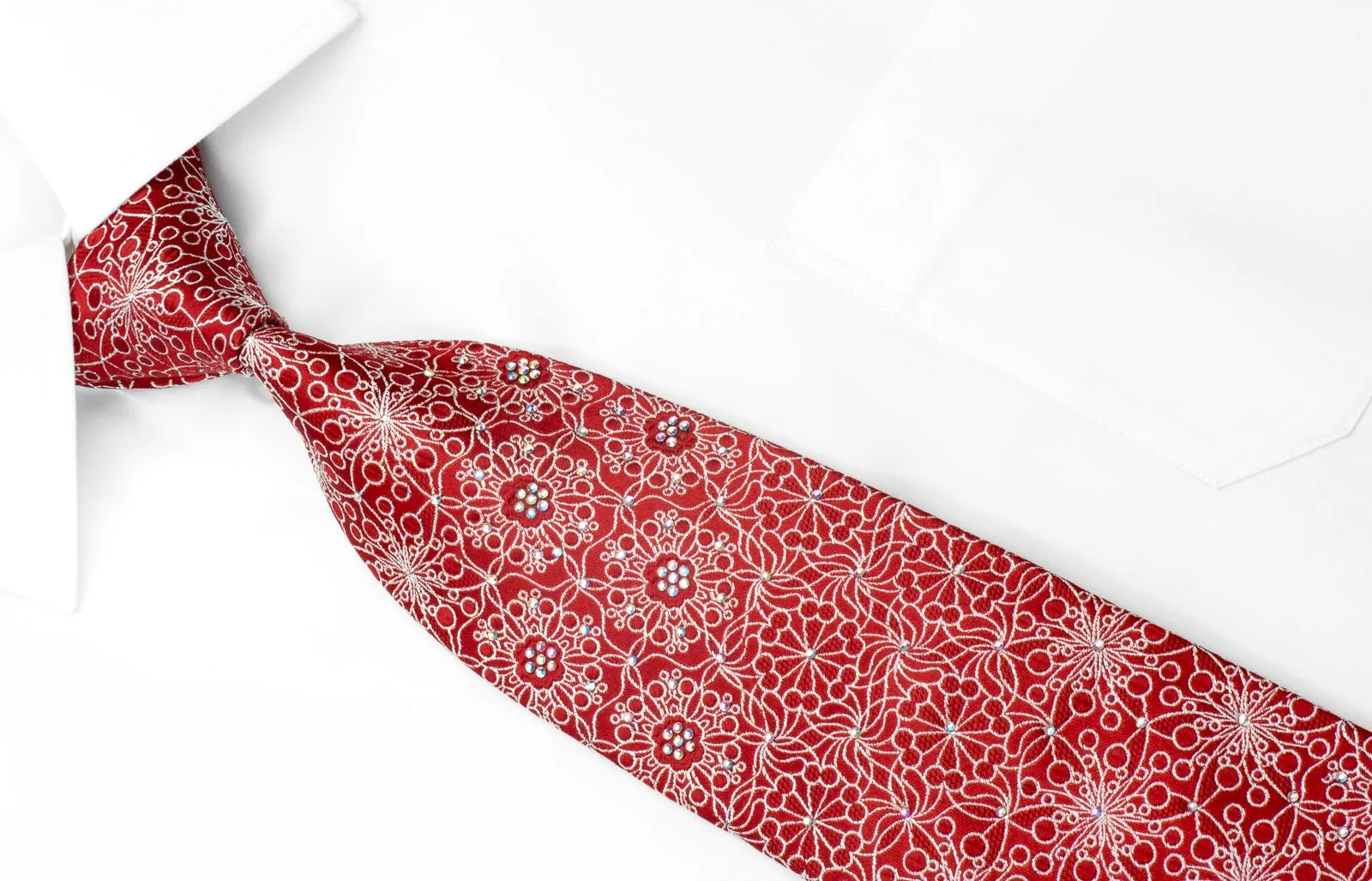 Men's Silk Rhinestone Necktie Silver Floral on Red With Silver Sparkles