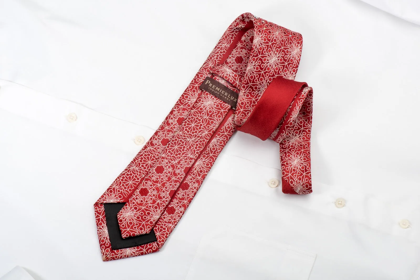 Men's Silk Rhinestone Necktie Silver Floral on Red With Silver Sparkles