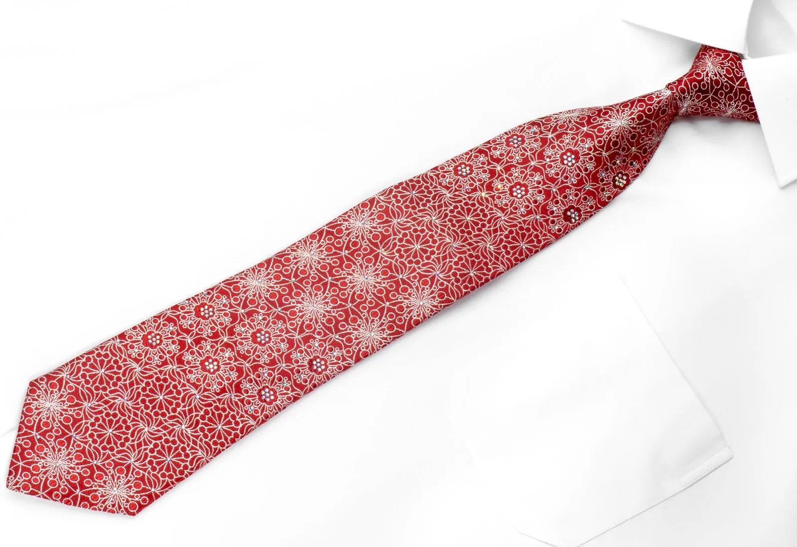 Men's Silk Rhinestone Necktie Silver Floral on Red With Silver Sparkles