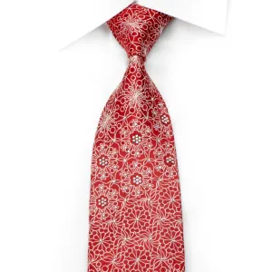 Men's Silk Rhinestone Necktie Silver Floral on Red With Silver Sparkles