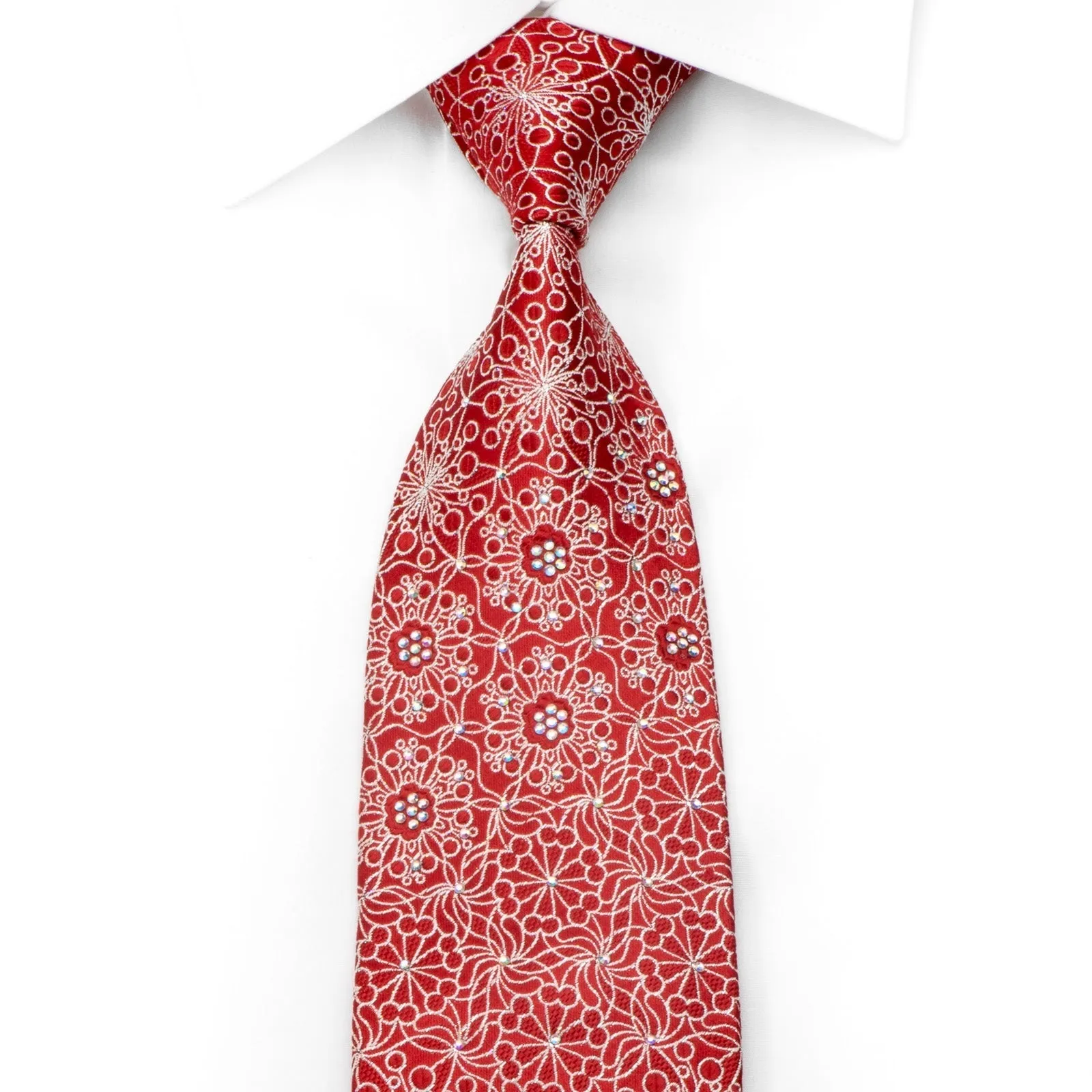 Men's Silk Rhinestone Necktie Silver Floral on Red With Silver Sparkles