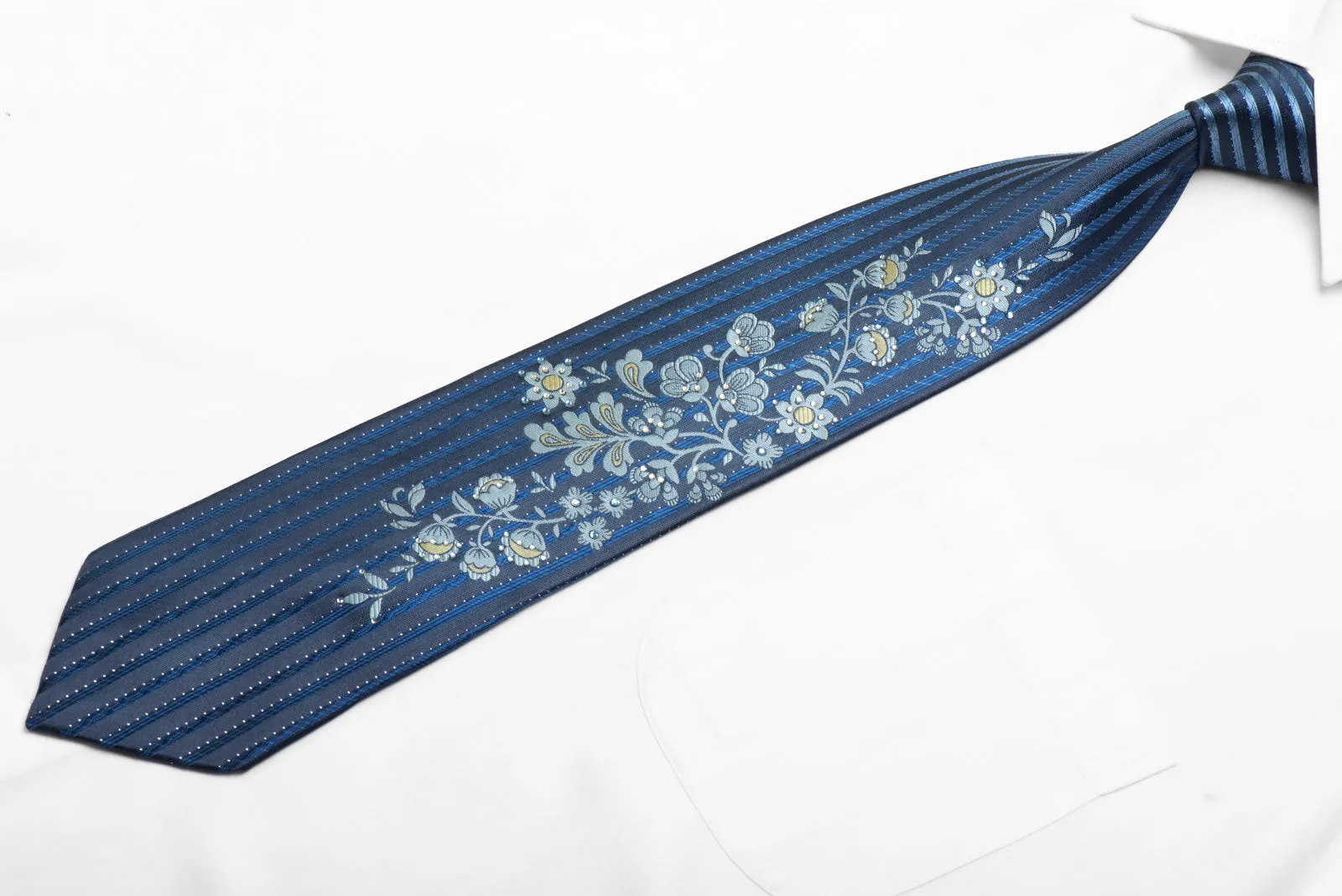 Men's Silk Tie Floral On Blue With Silver Sparkles