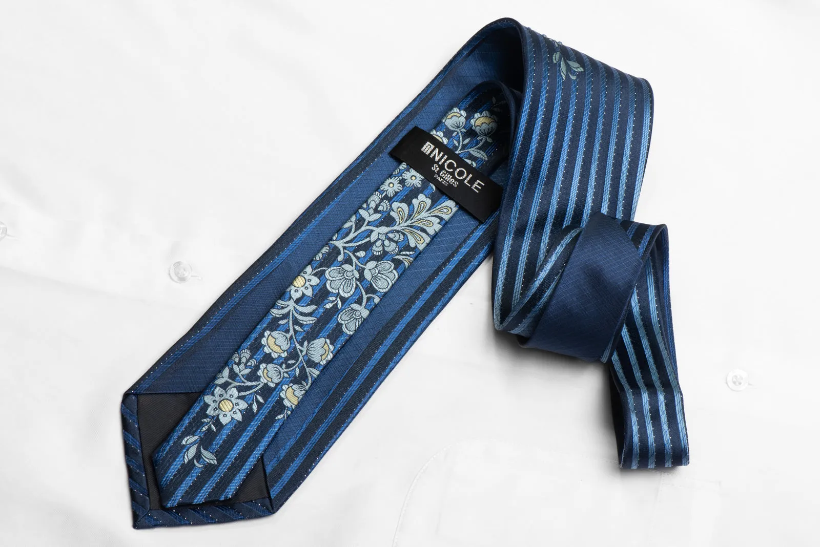 Men's Silk Tie Floral On Blue With Silver Sparkles
