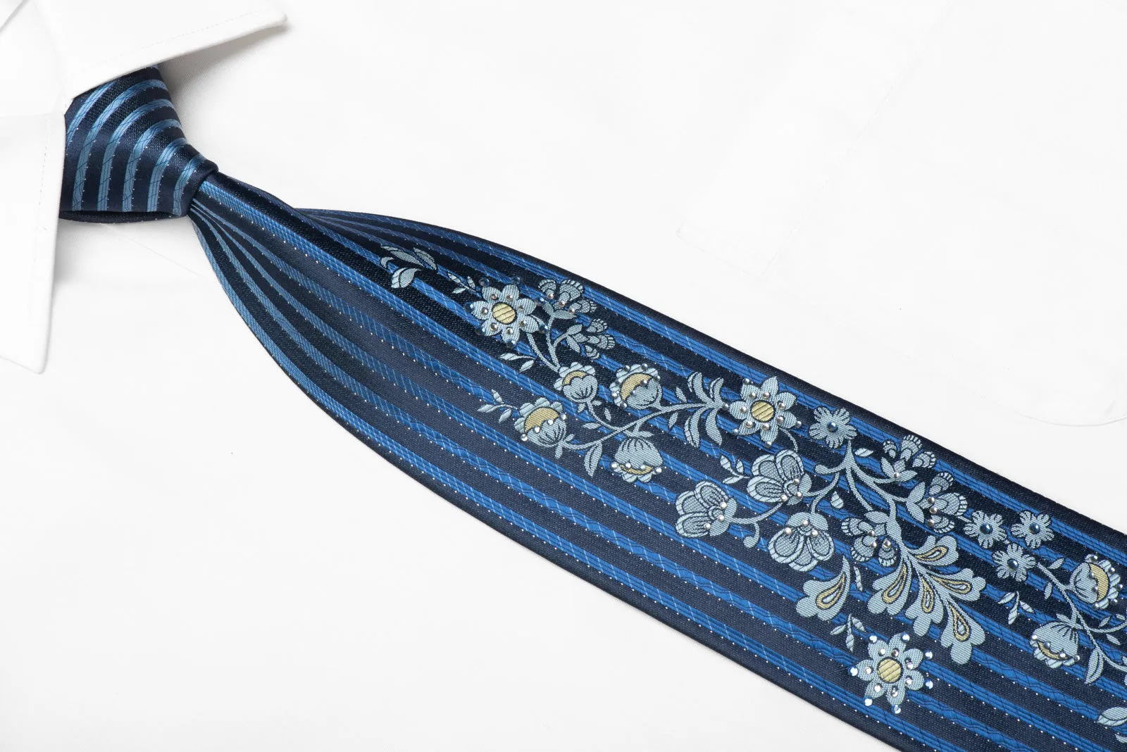 Men's Silk Tie Floral On Blue With Silver Sparkles