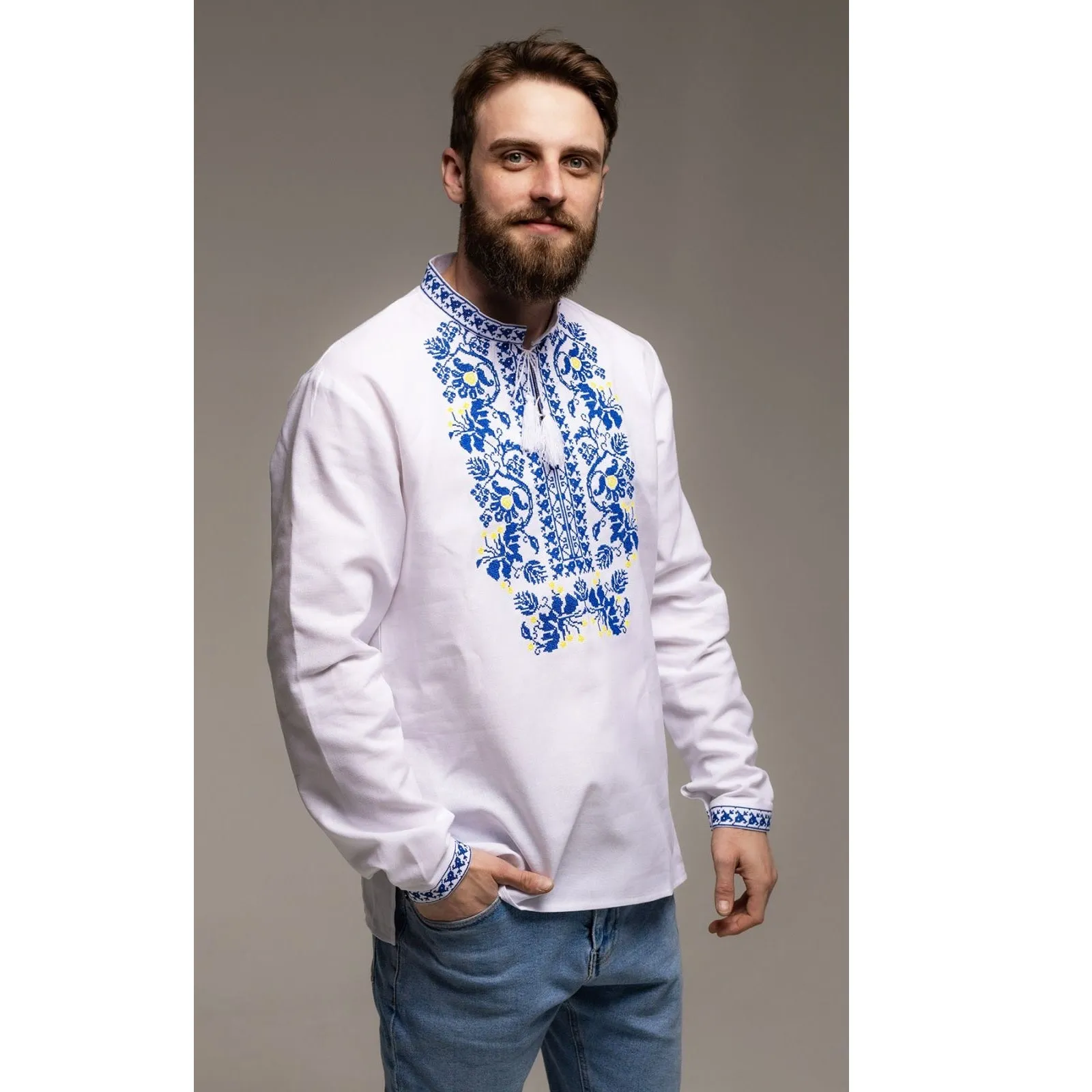 Men's Vyshyvanka with Blue Embroidery Pattern