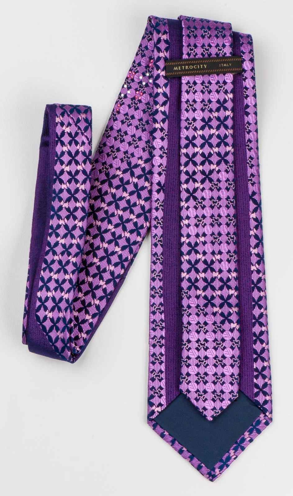 Metro City Men's Scottie Dog Silk Neck Tie Purple & Black With Rhinestones