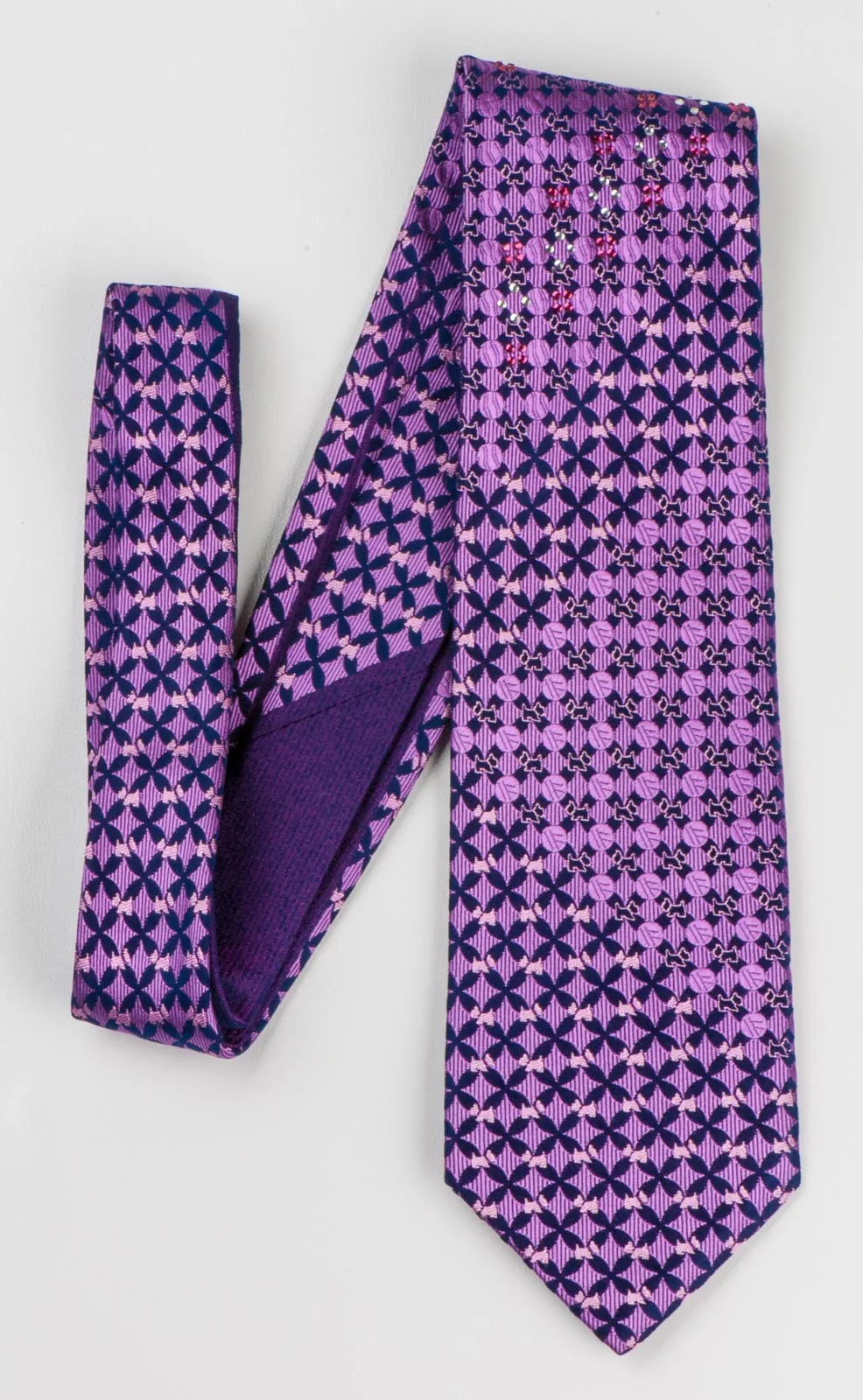 Metro City Men's Scottie Dog Silk Neck Tie Purple & Black With Rhinestones