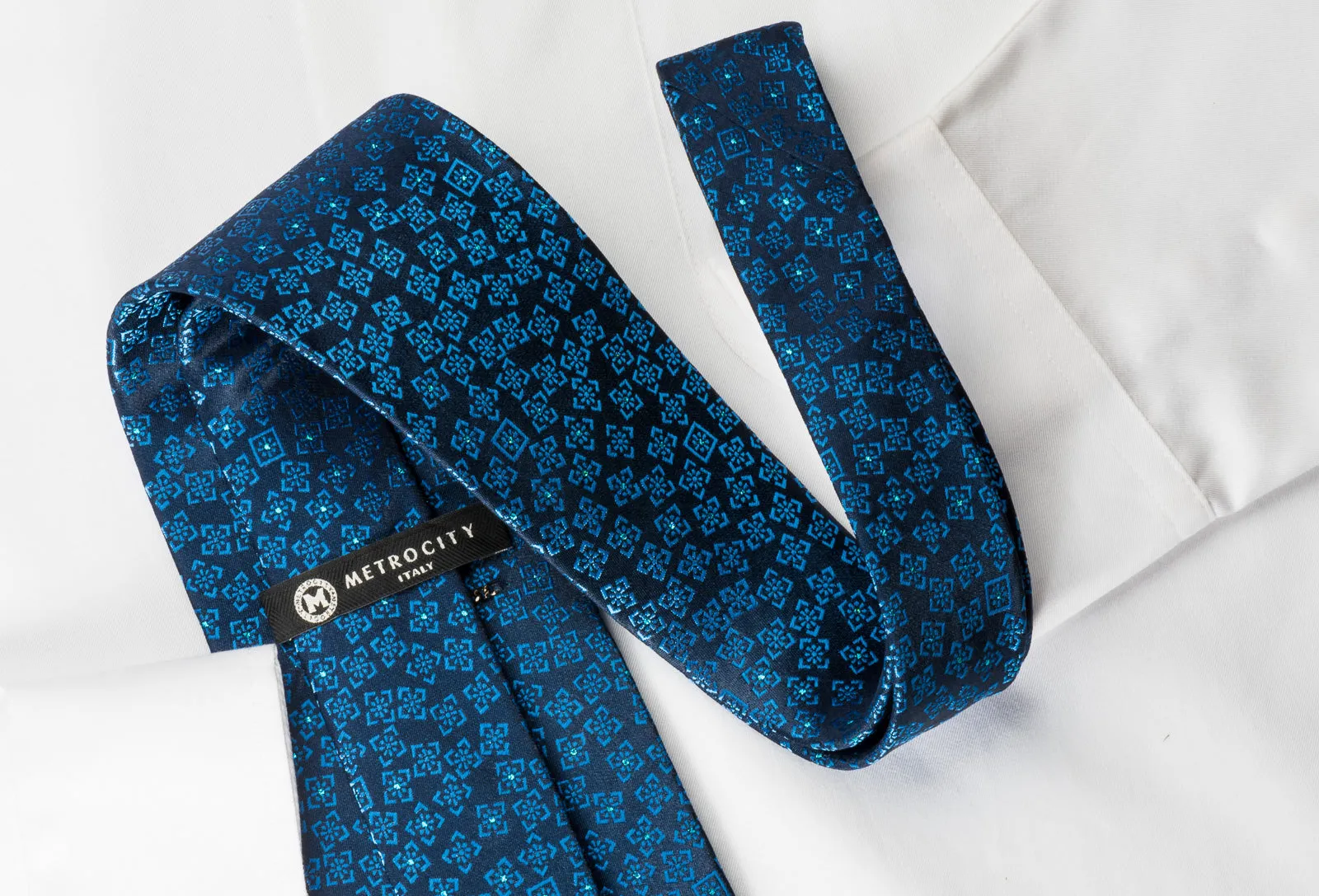 Metro City Silk Rhinestone Tie Squares On Blue With Blue Sparkles