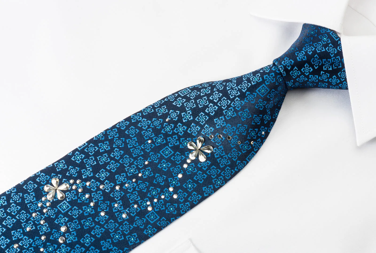 Metro City Silk Rhinestone Tie Squares On Blue With Blue Sparkles