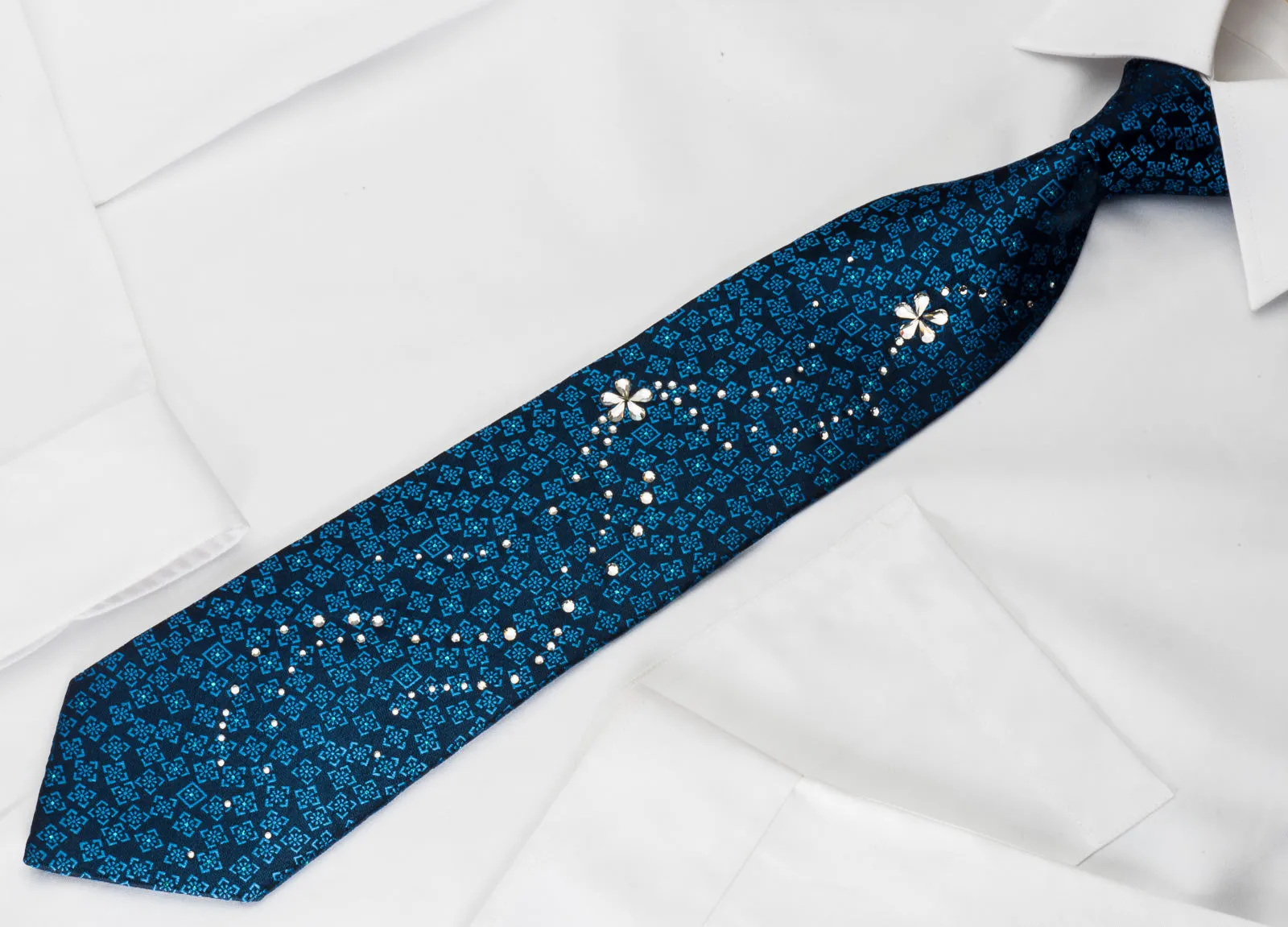 Metro City Silk Rhinestone Tie Squares On Blue With Blue Sparkles