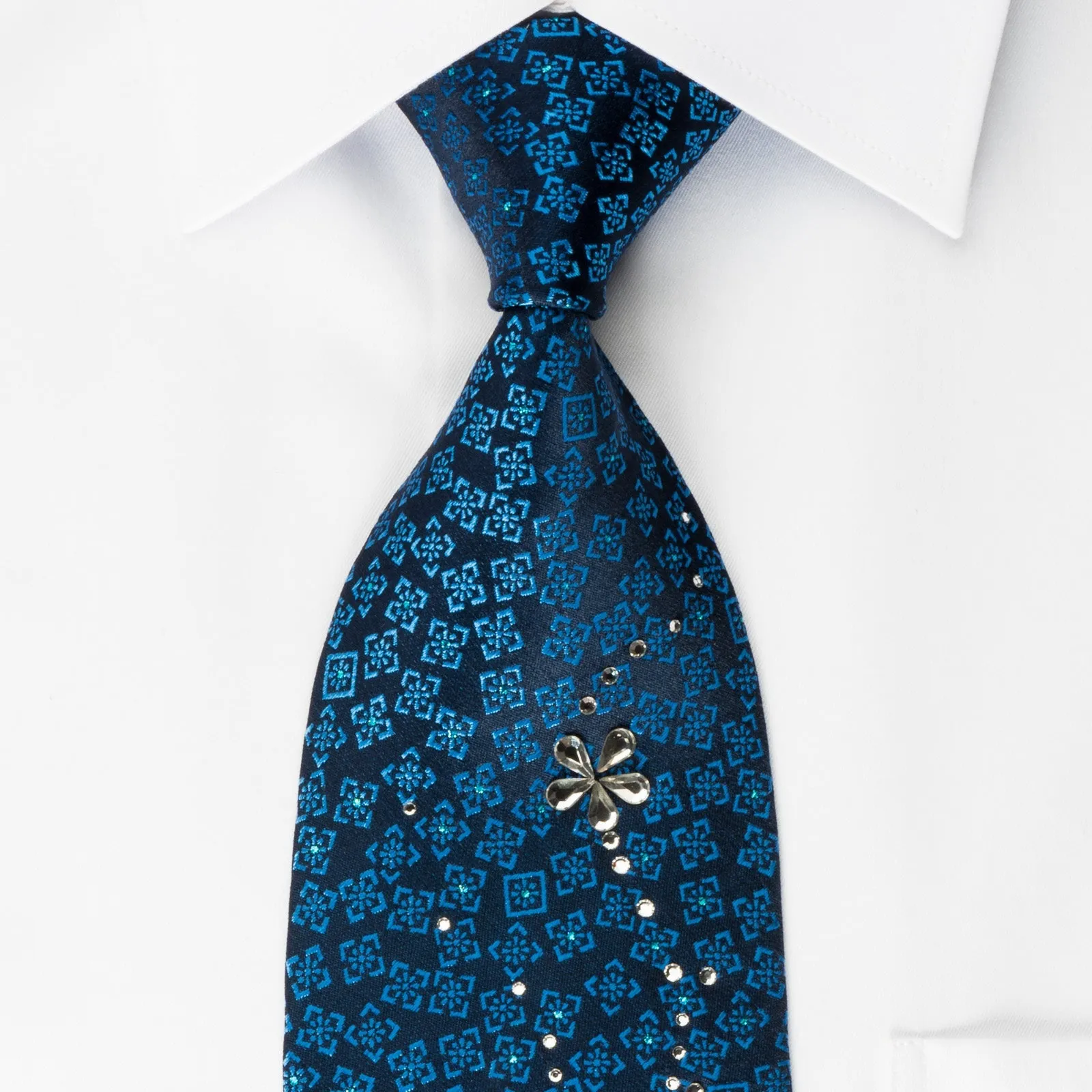 Metro City Silk Rhinestone Tie Squares On Blue With Blue Sparkles