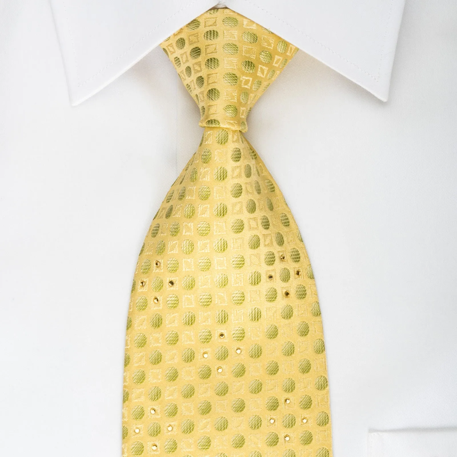 Metro City Silk Tie Green Dots On Yellow With Rhinestones