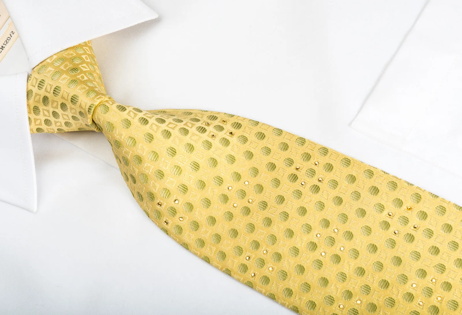 Metro City Silk Tie Green Dots On Yellow With Rhinestones