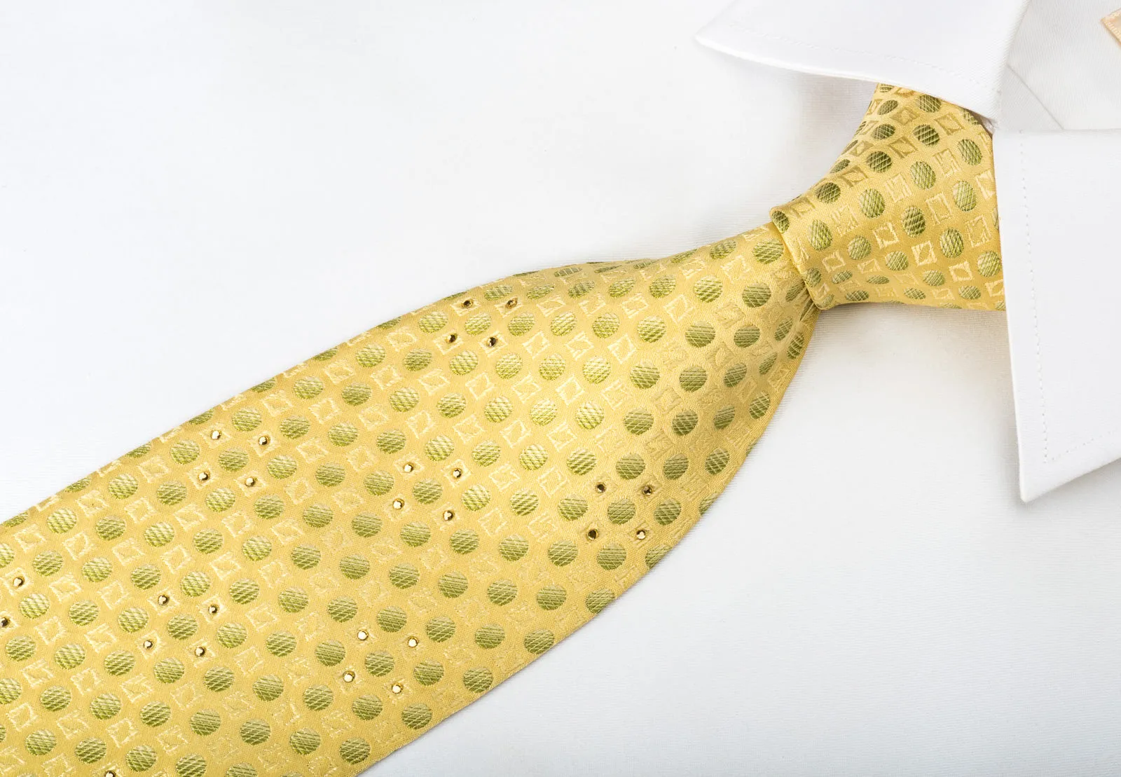 Metro City Silk Tie Green Dots On Yellow With Rhinestones
