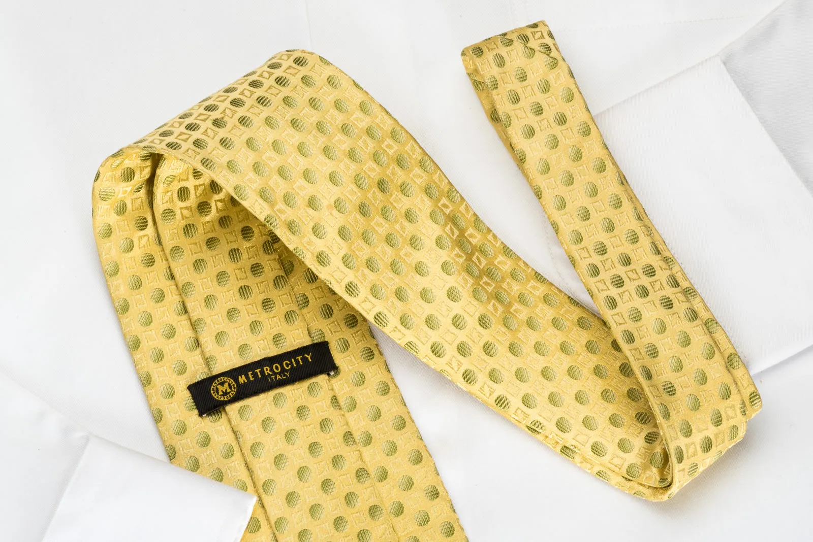 Metro City Silk Tie Green Dots On Yellow With Rhinestones