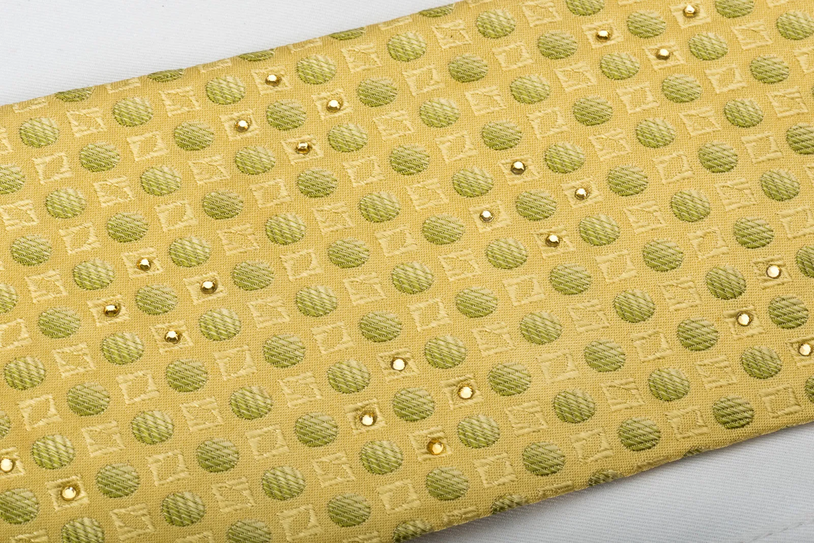Metro City Silk Tie Green Dots On Yellow With Rhinestones