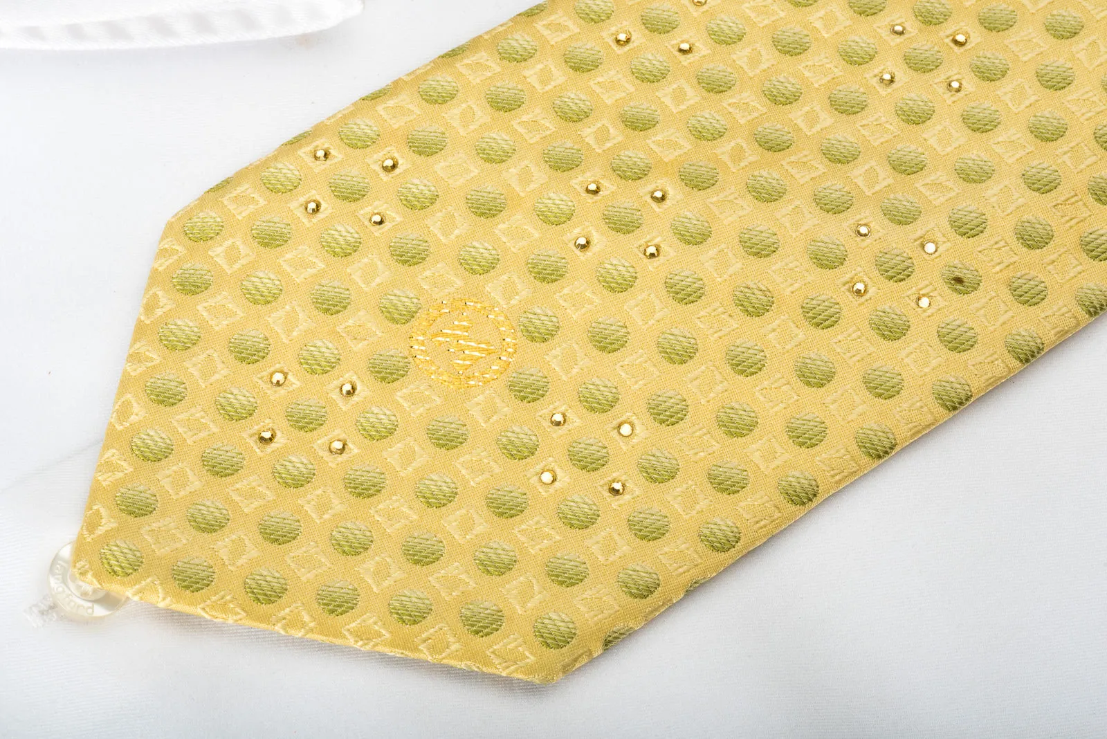 Metro City Silk Tie Green Dots On Yellow With Rhinestones