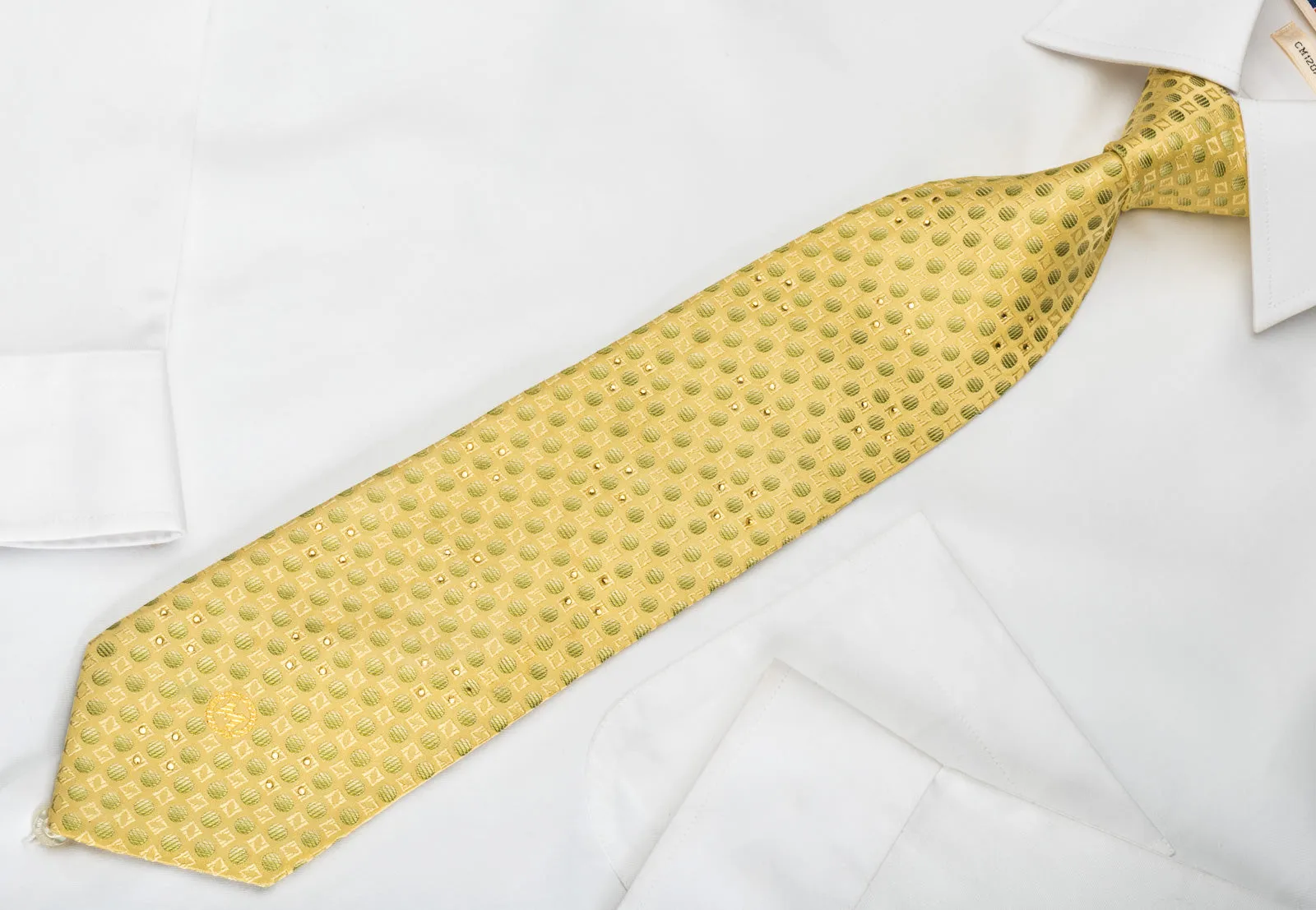 Metro City Silk Tie Green Dots On Yellow With Rhinestones